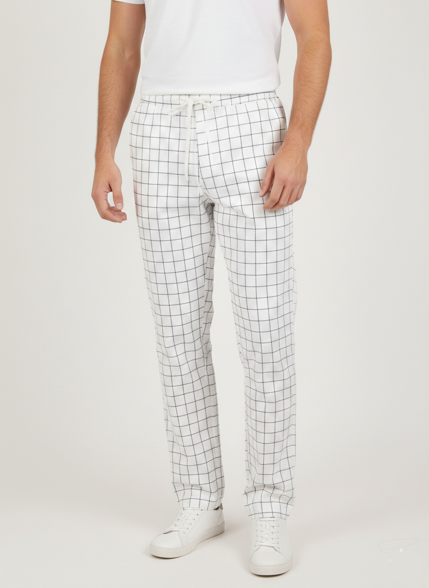 Men’s White Checkered Casual Lounge Trousers MTR-7