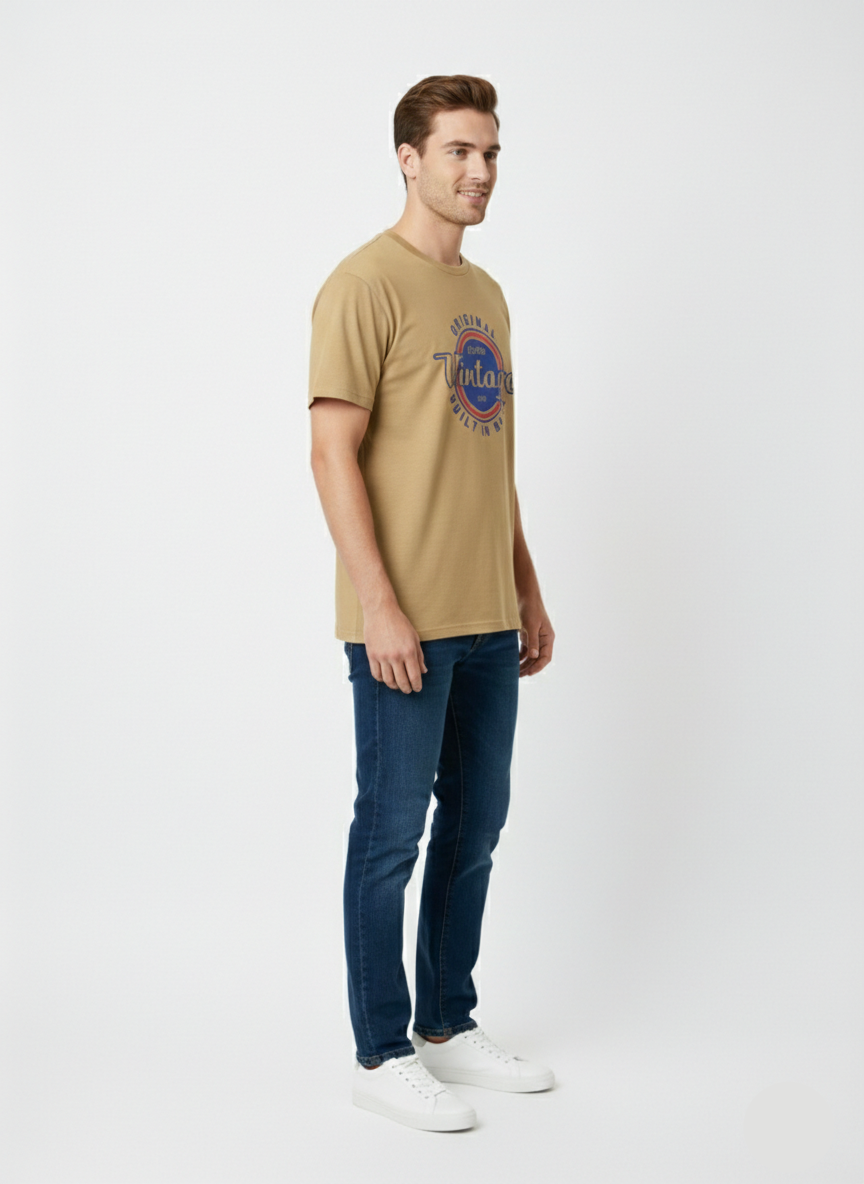 Men’s Vintage Print T-Shirt – Casual Brown Half Sleeve Graphic Tee - MT- 18