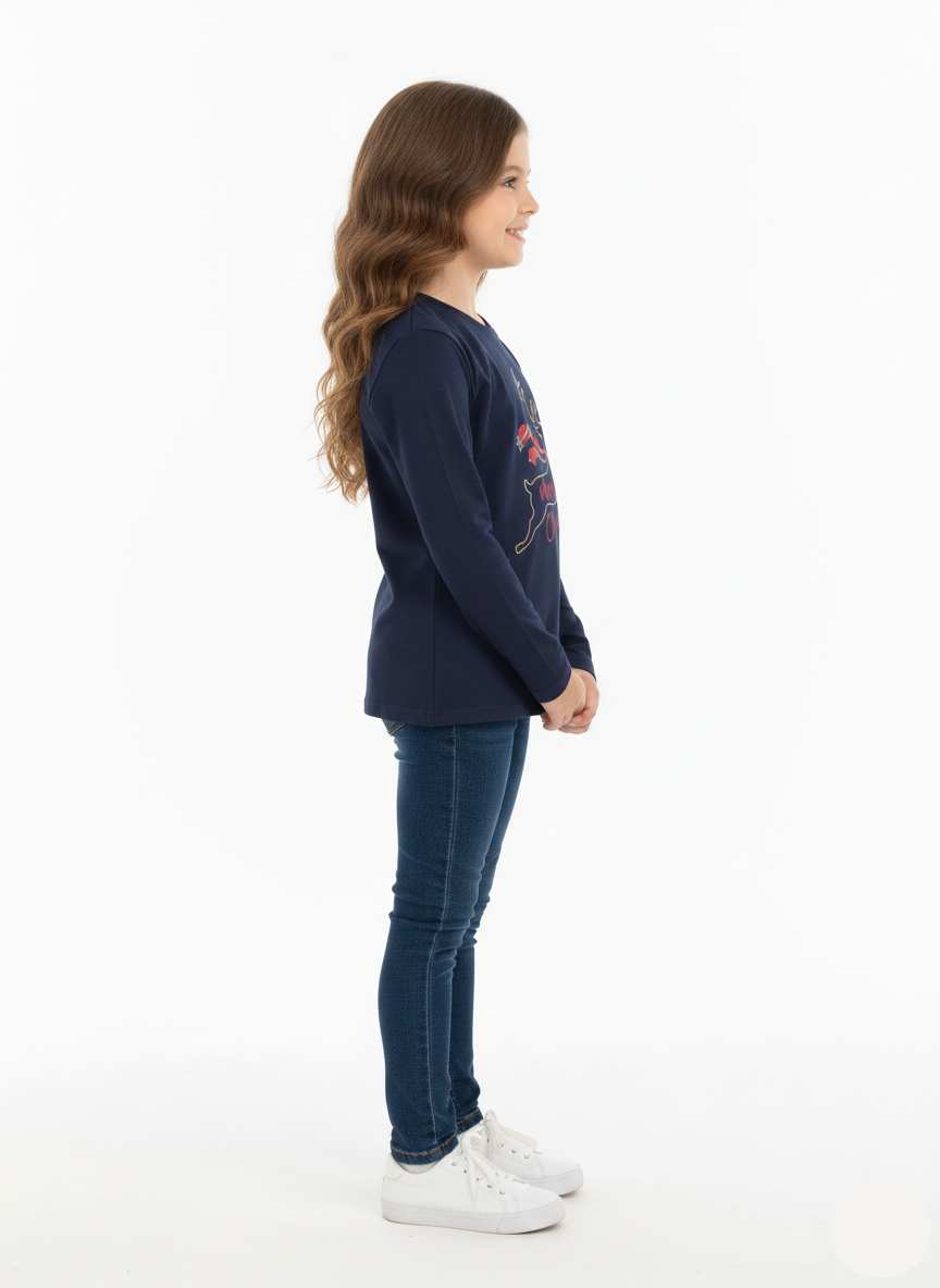 Girls Navy Blue Merry Christmas Reindeer Long Sleeve Top - GT-08