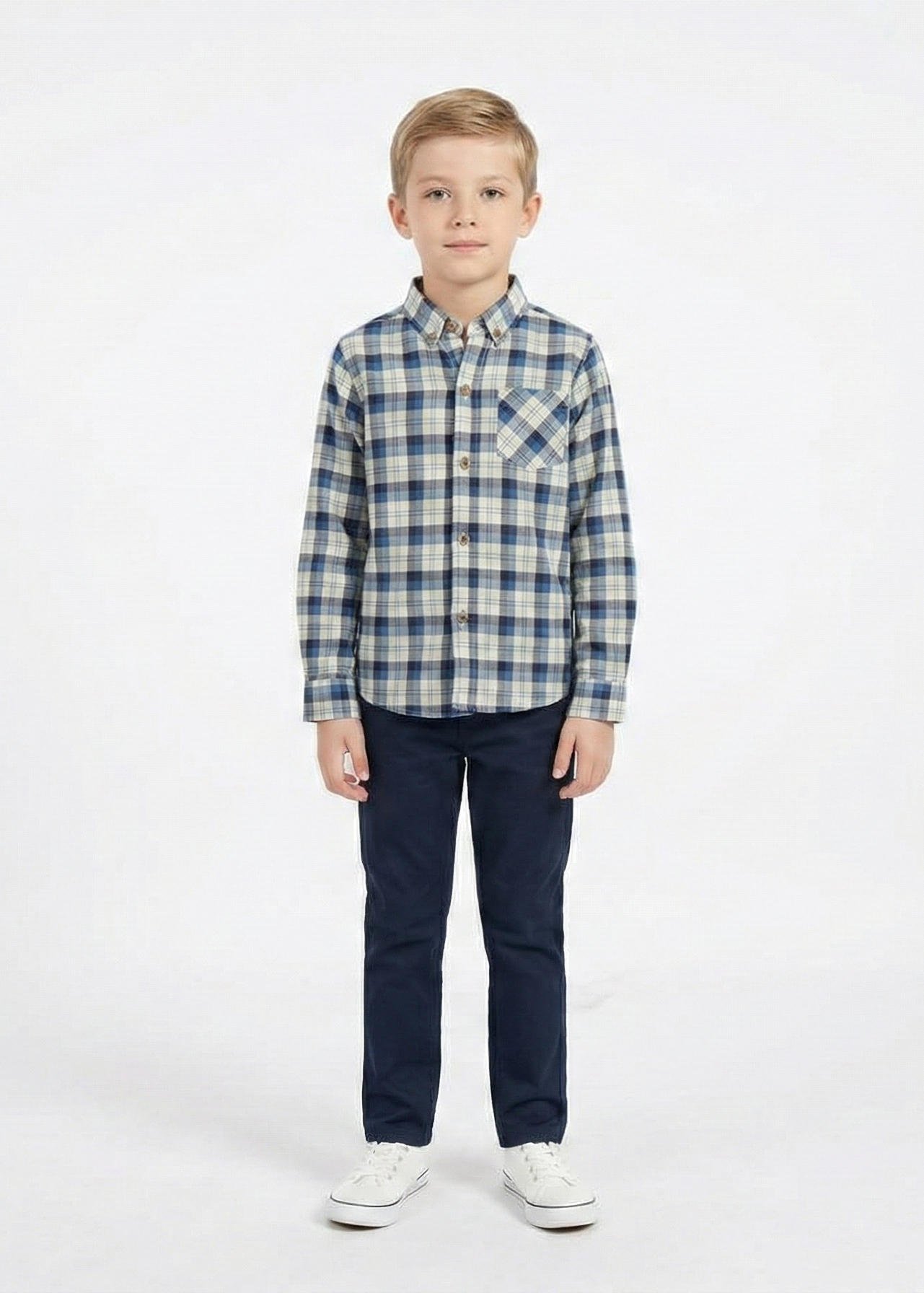 Boy's Long-Sleeve Plaid Flannel Button-Down Shirt in Blue and White -  BS-05