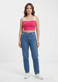 Women's Pink Rib-Knit Crop Top with White Elastic Straps (W-32)