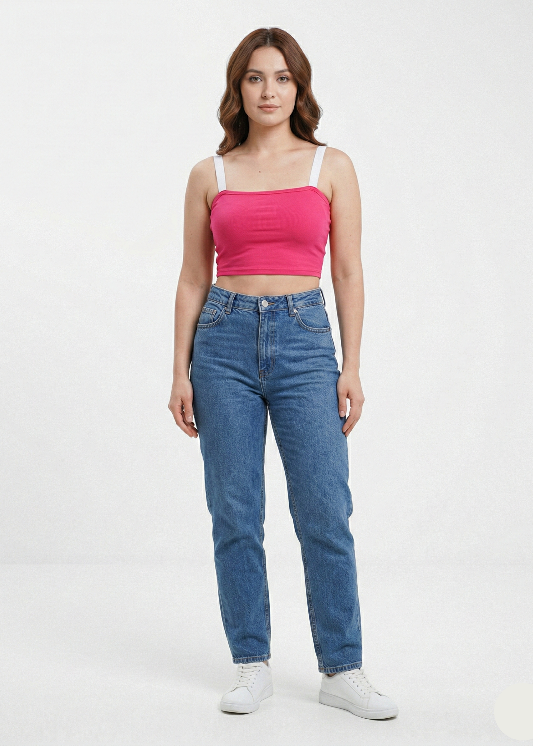 Women's Pink Rib-Knit Crop Top with White Elastic Straps (W-32)
