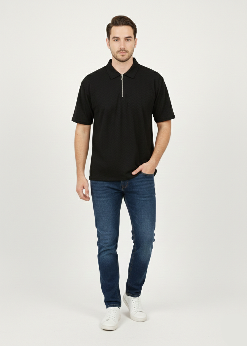 Men’s Textured Zip Polo T-Shirt - Black Color (Western stop Brand) - MPT-11