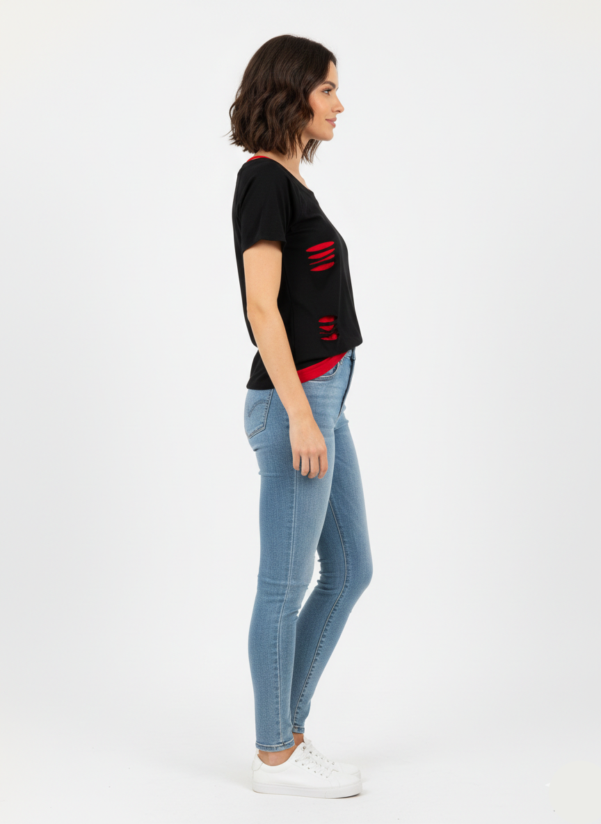 Women’s Black Casual T-Shirt with Red Contrast – Short Sleeve Fashion Top - WT-02
