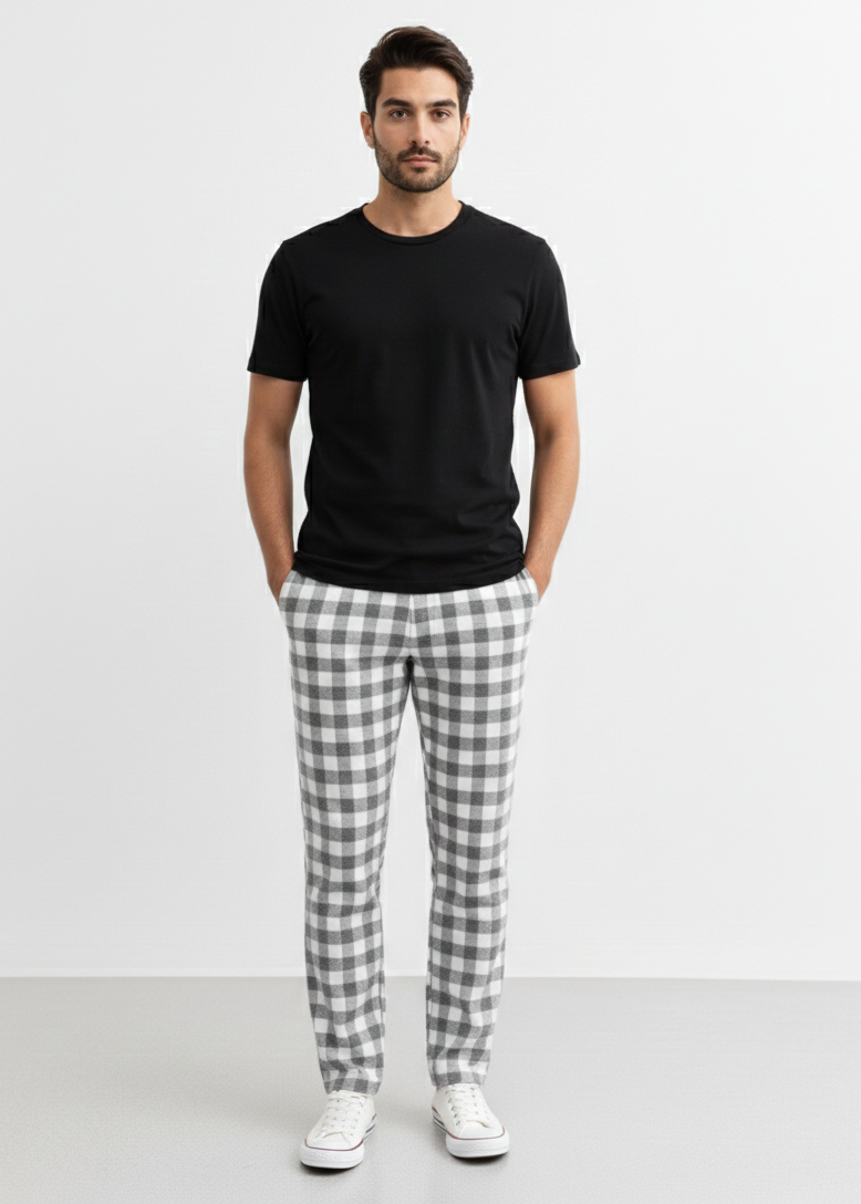 Men's Light Grey Cotton Check Trousers MTR-3
