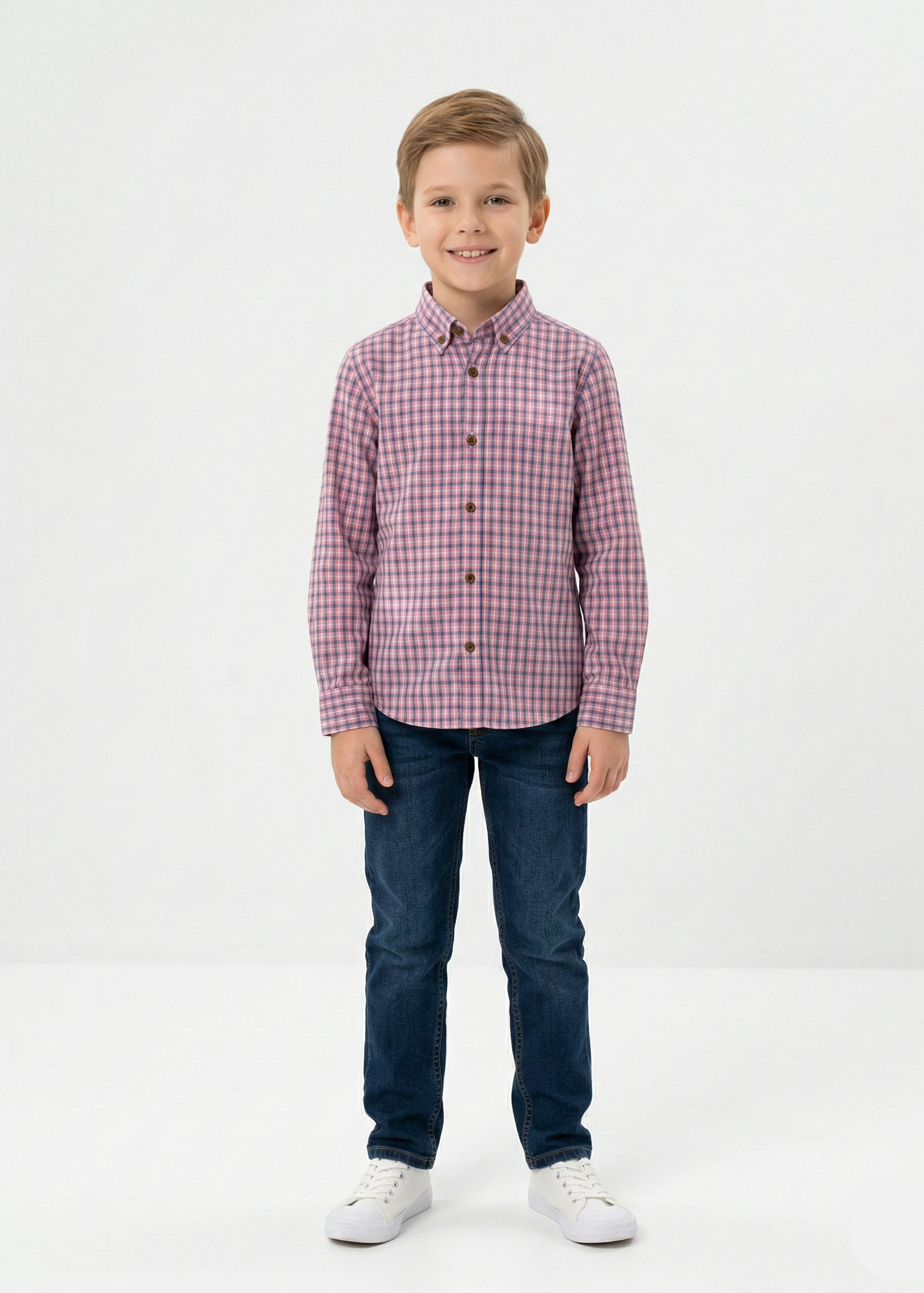 Boys' Long-Sleeve Pink Plaid Button-Down -  (BS-1)
