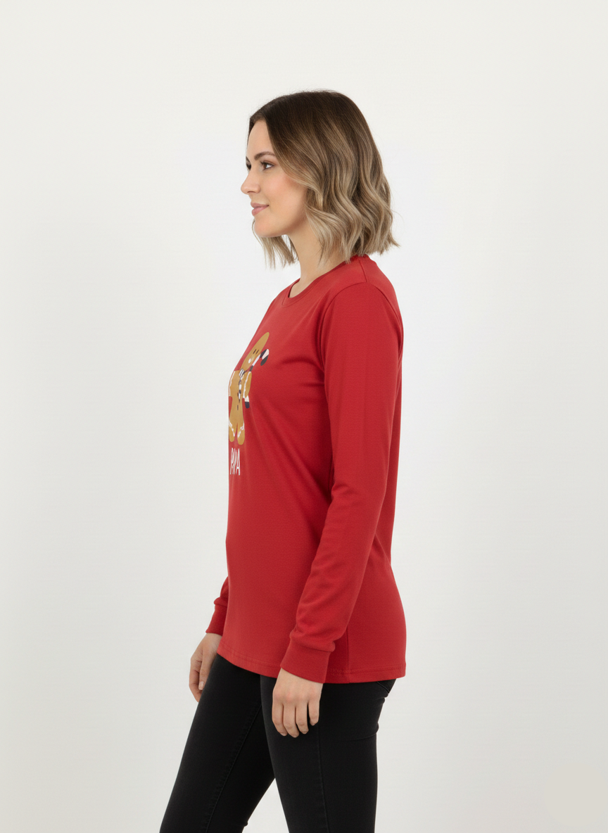 Women’s Red Full Sleeves Gingerbread Graphic Printed T-Shirt - WT-01