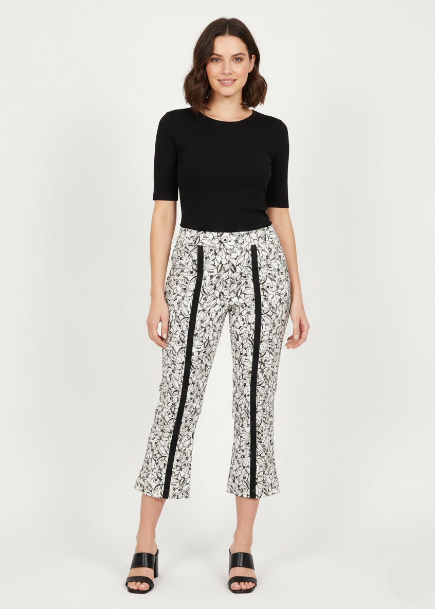 Ladies Floral Print Casual Trousers – Stylish Black & White Pants W-13