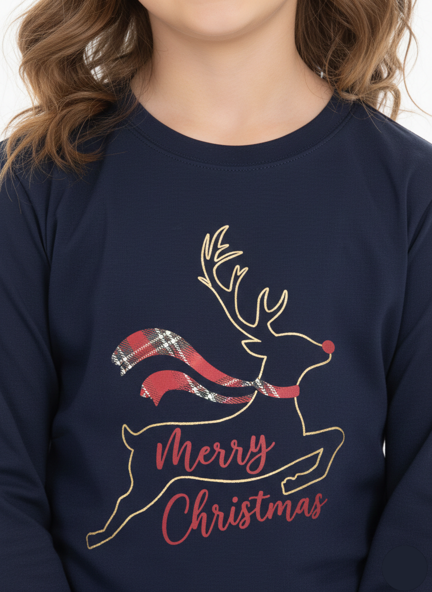 Girls Navy Blue Merry Christmas Reindeer Long Sleeve Top - GT-08
