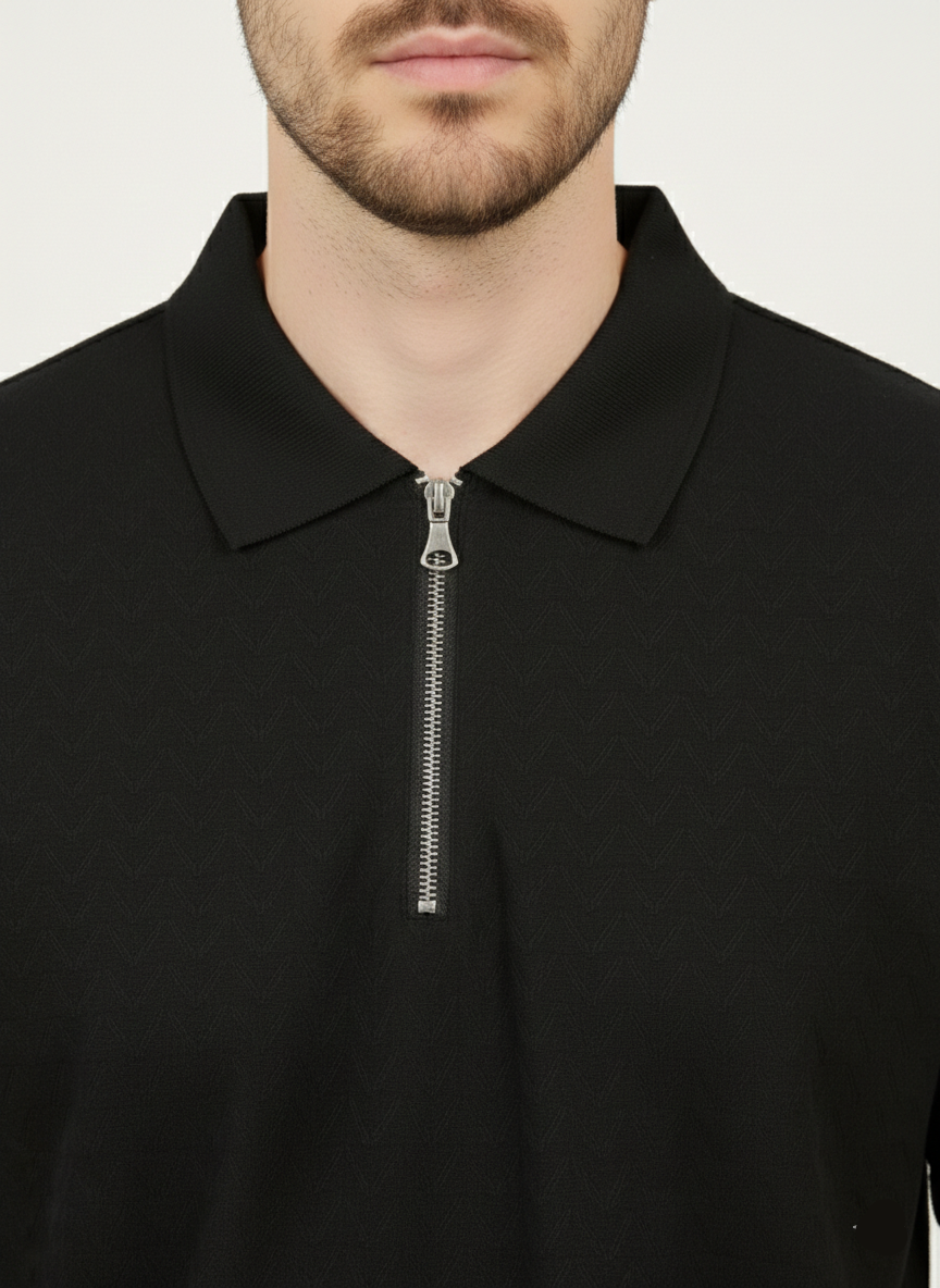 Men’s Textured Zip Polo T-Shirt - Black Color (Western stop Brand) - MPT-11