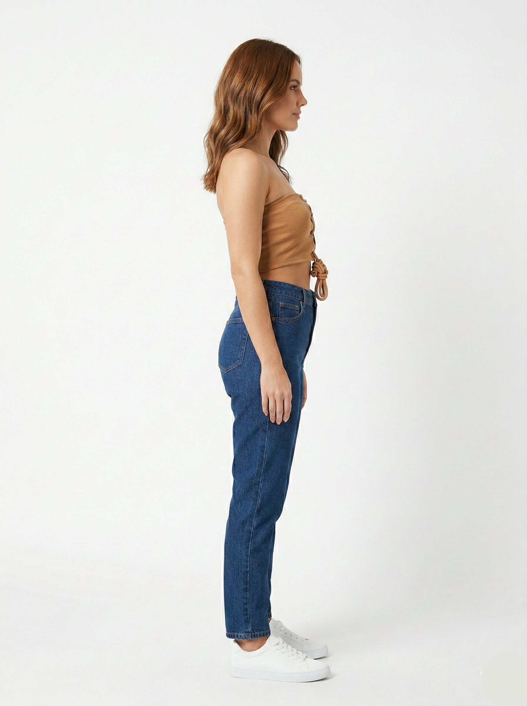 Lace-Up Front Strapless Tube Top in Camel Brown W-27