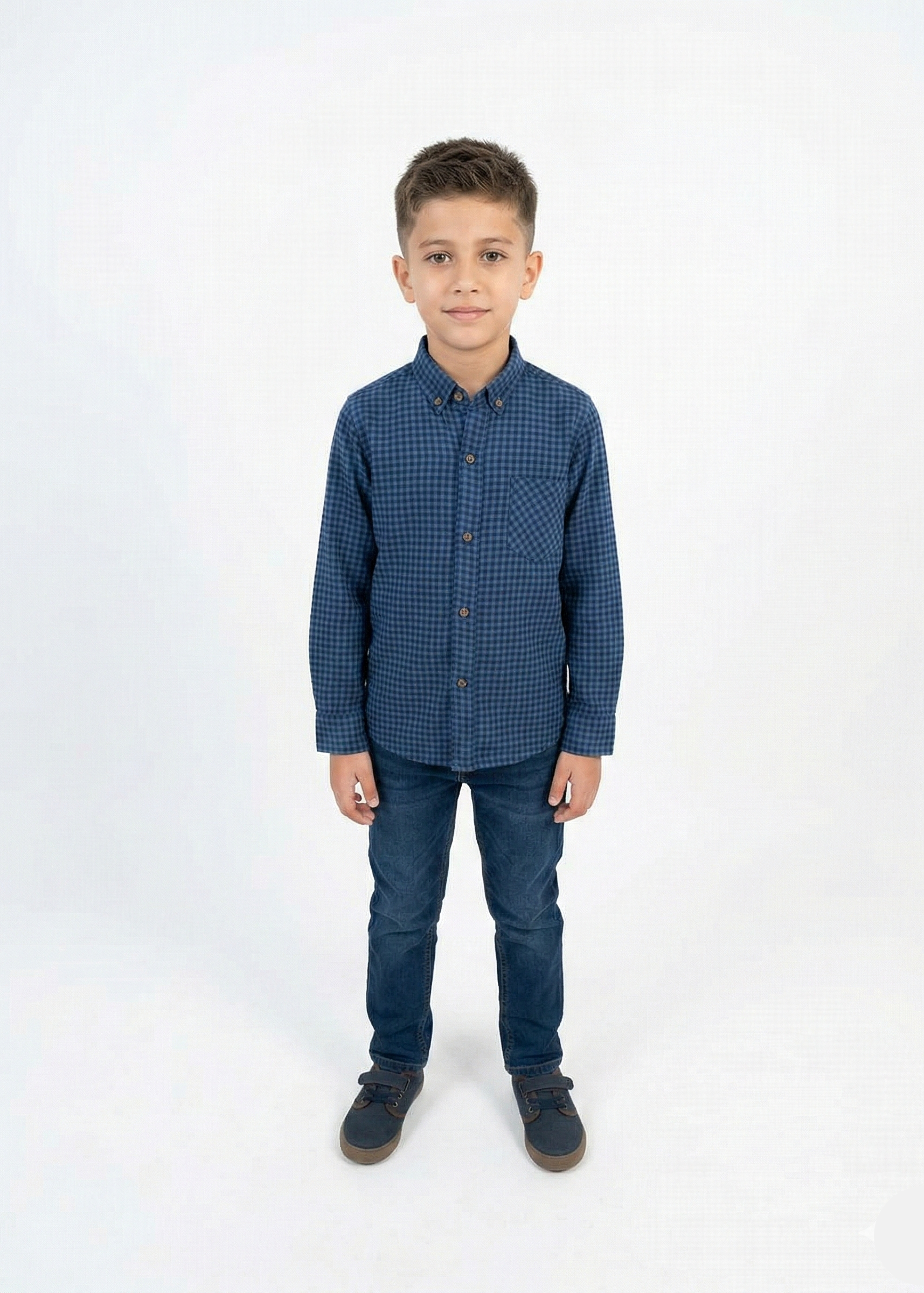Boys' Long-Sleeve Plaid Flannel Shirt – Blue & Navy Check -  BS-09