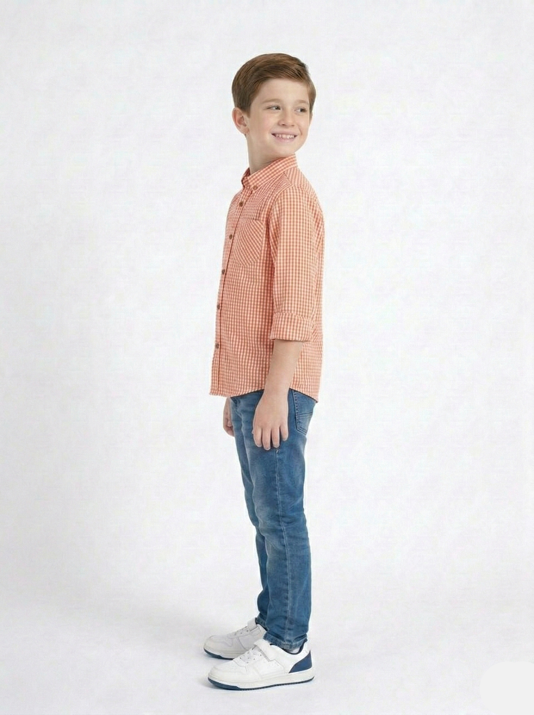 Boys Long-Sleeve Gingham Check Shirt in Sunset Orange BS-03