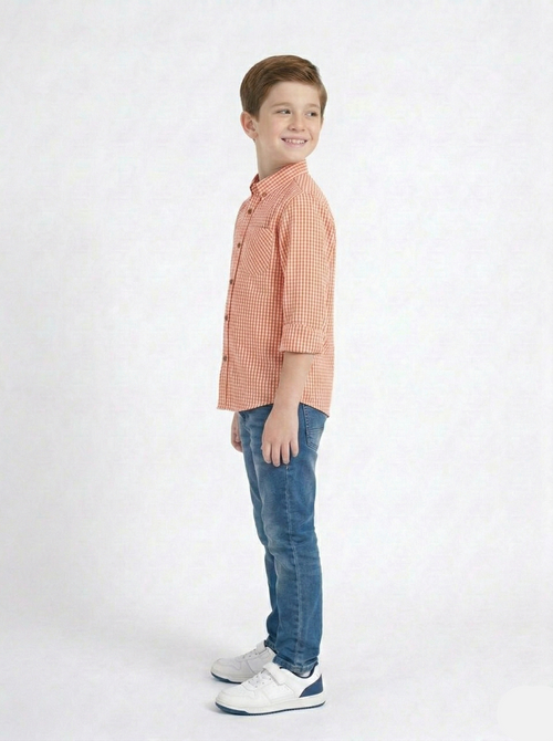 Boys Long-Sleeve Gingham Check Shirt in Sunset Orange BS-03