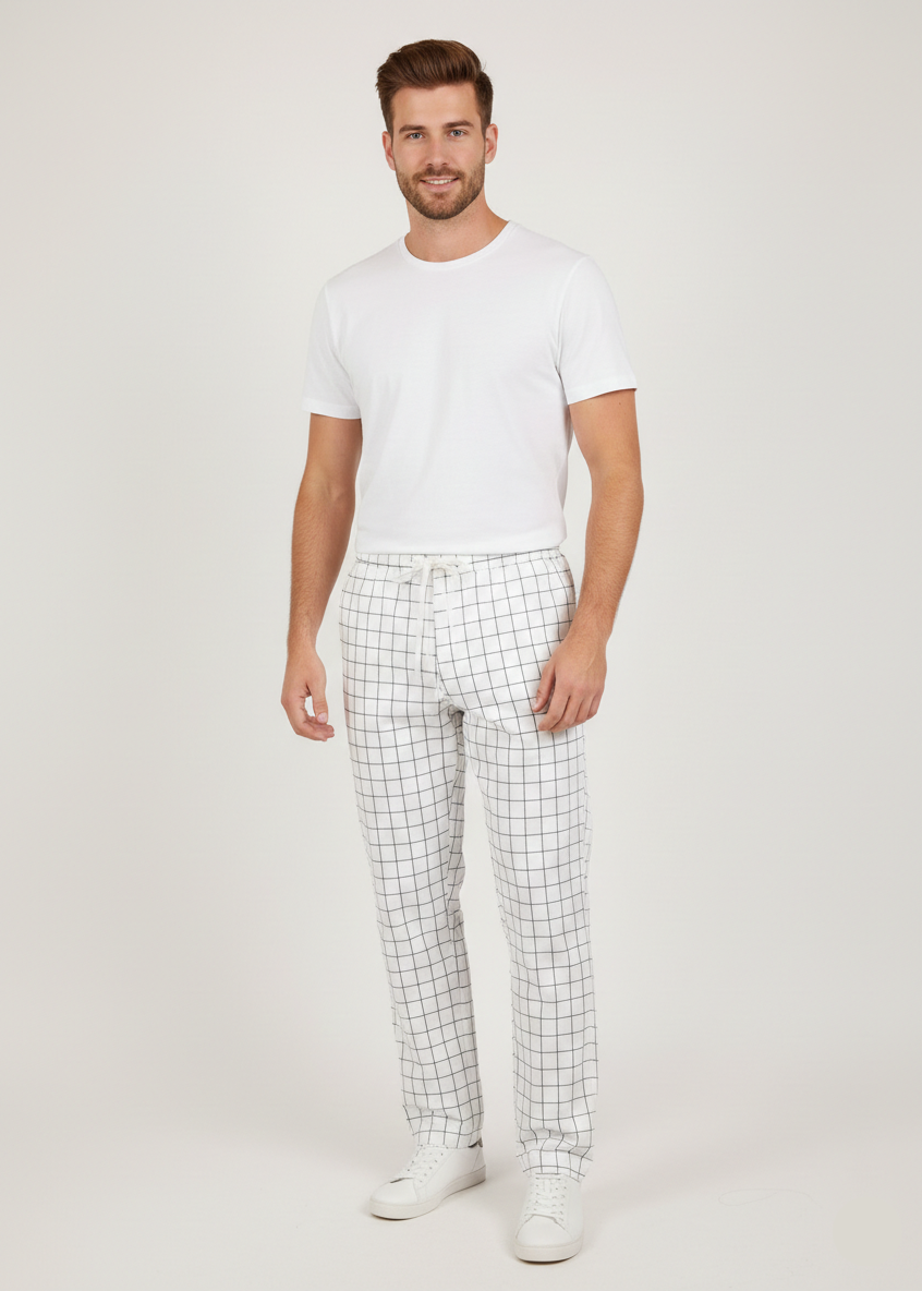 Men’s White Checkered Casual Lounge Trousers MTR-7