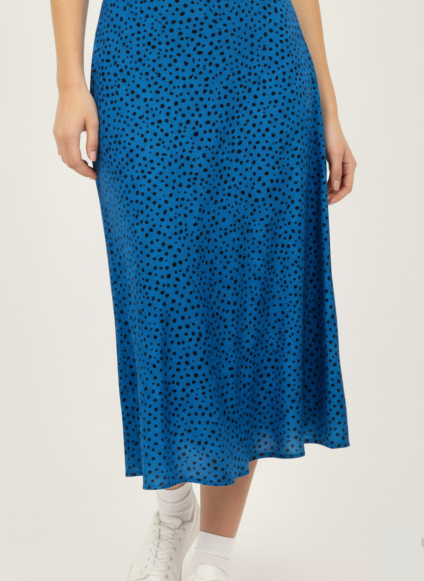 Women’s Blue Polka Dot Midi Skirt – Casual A-Line Printed Skirt - W-6