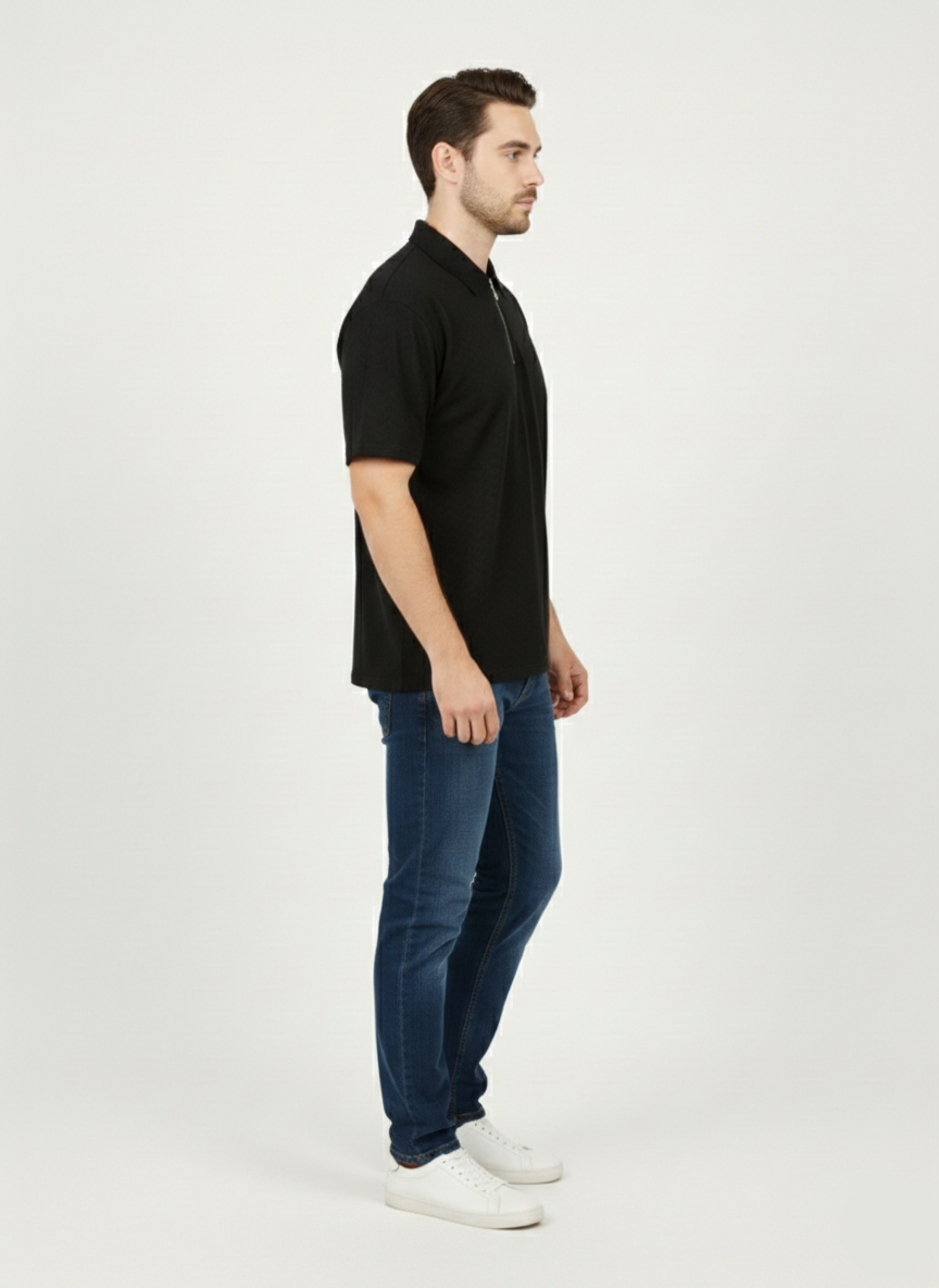 Men’s Textured Zip Polo T-Shirt - Black Color (Western stop Brand) - MPT-11