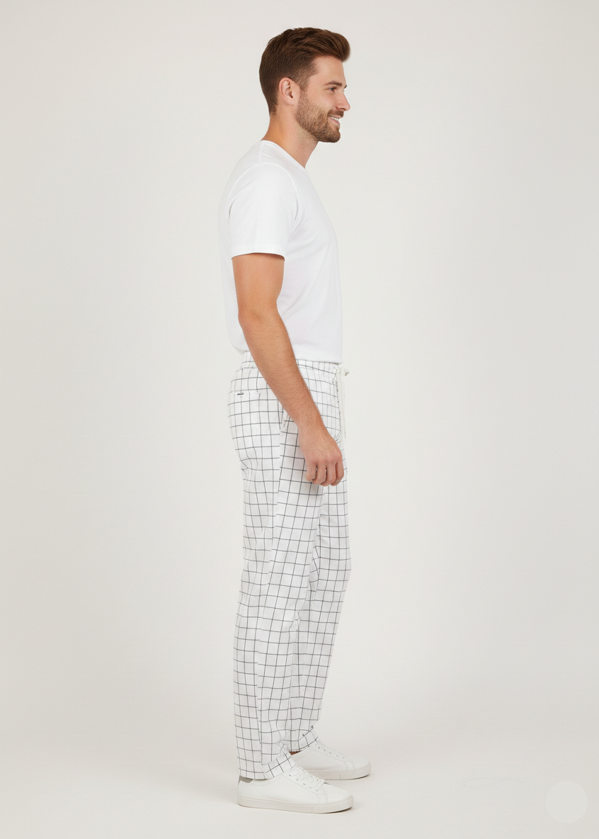 Men’s White Checkered Casual Lounge Trousers MTR-7