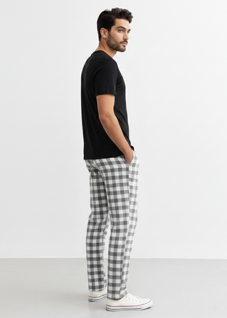 Men's Light Grey Cotton Check Trousers MTR-3