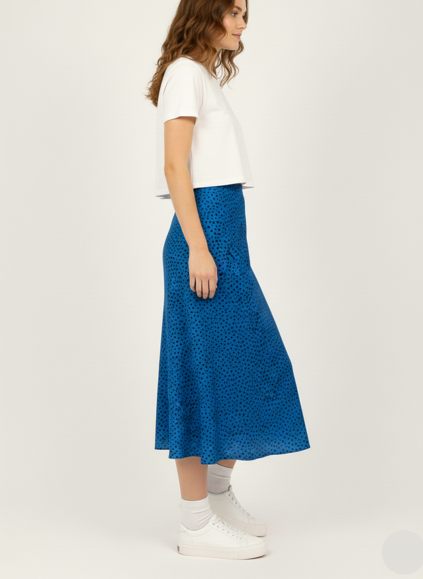 Women’s Blue Polka Dot Midi Skirt – Casual A-Line Printed Skirt - W-6