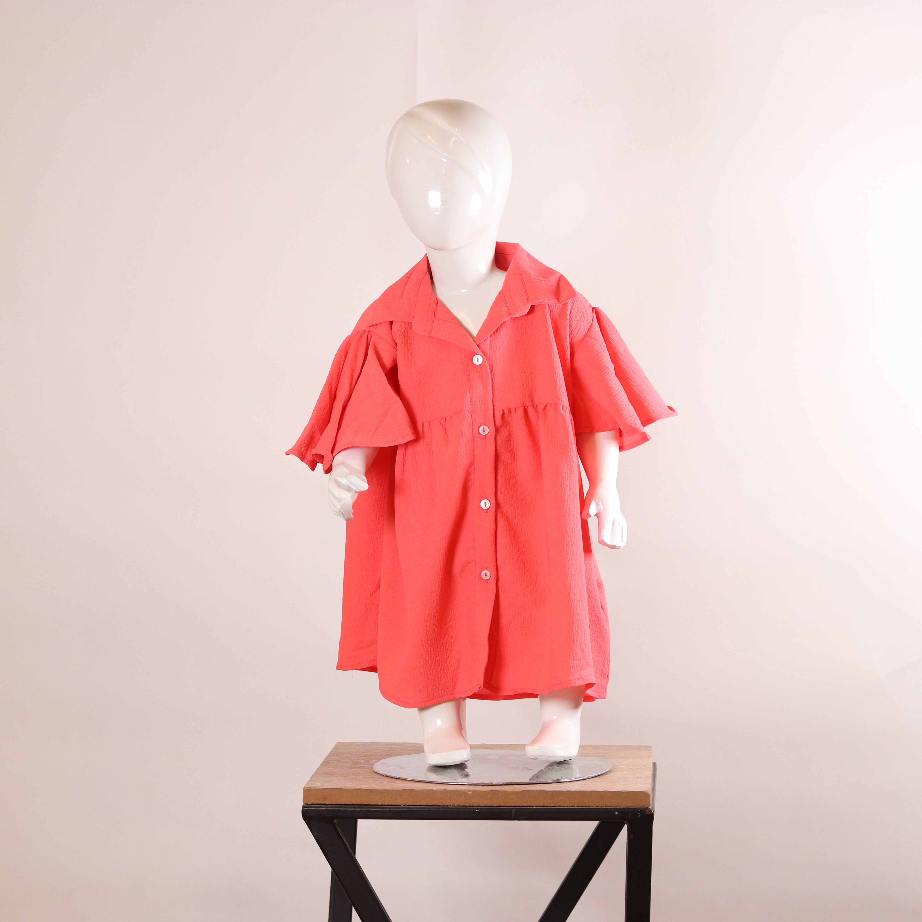 Girls Coral Pink Flutter-Sleeve Shirt Dress
