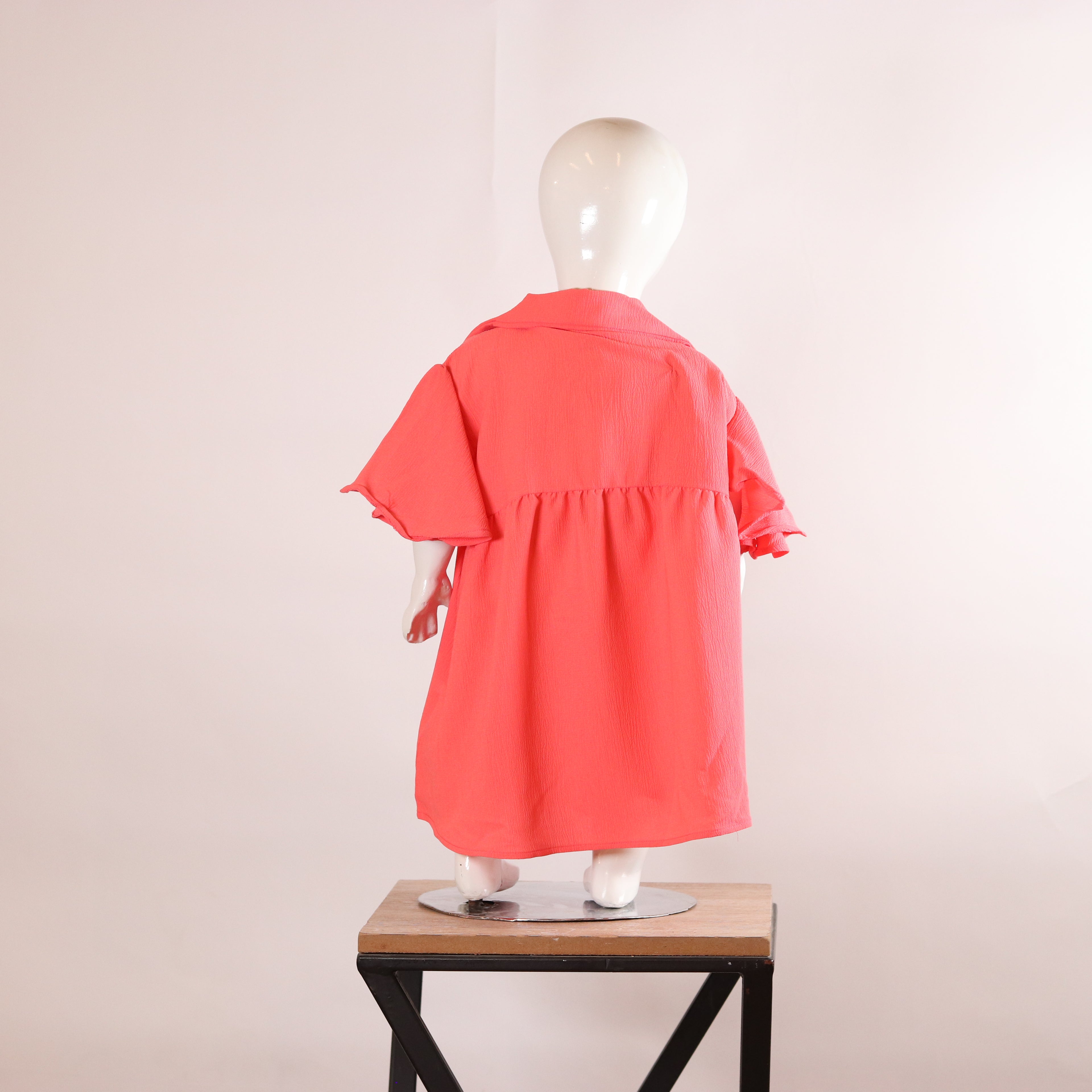 Girls Coral Pink Flutter-Sleeve Shirt Dress