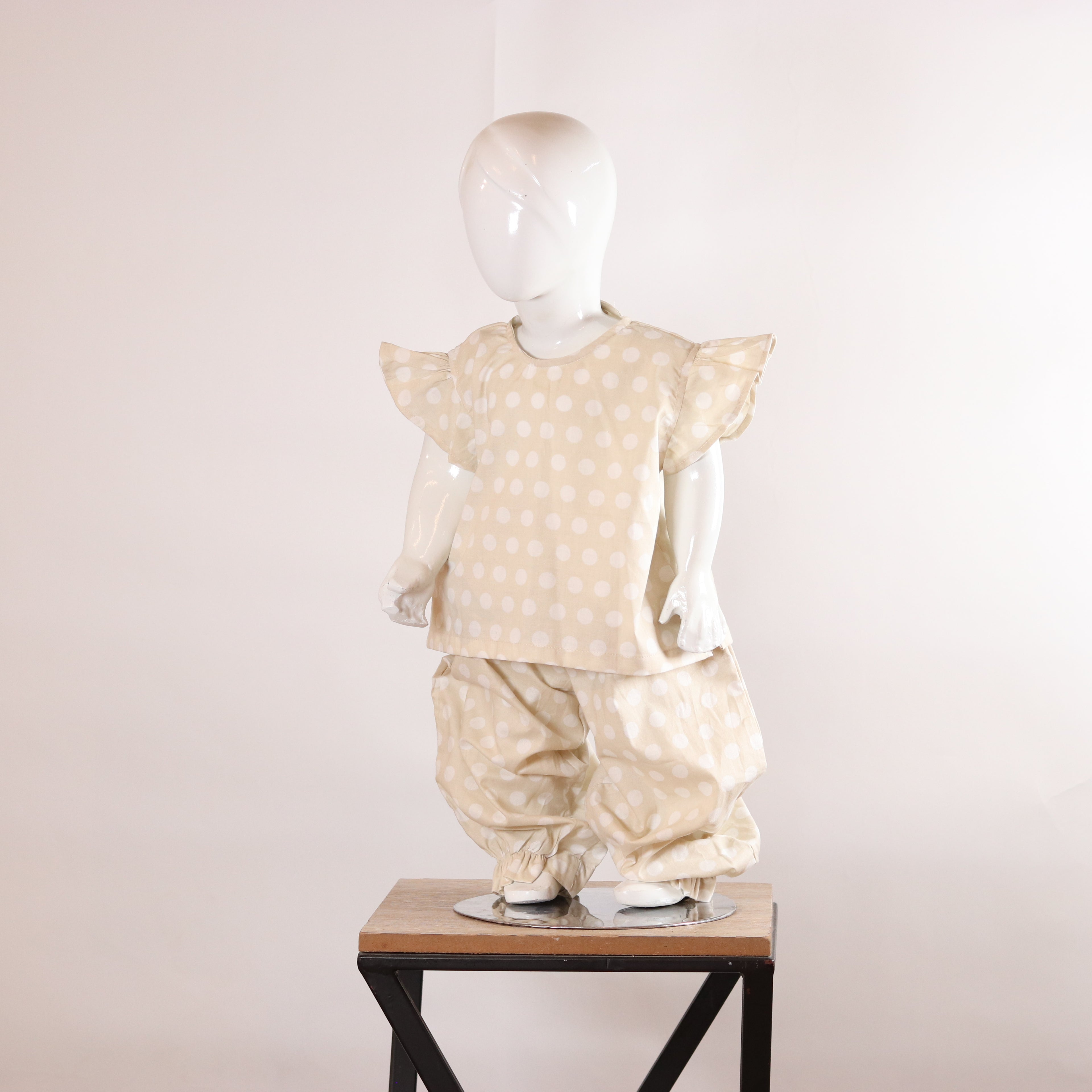 Girls Beige Polka-Dot Top &amp; Harem Pants Set