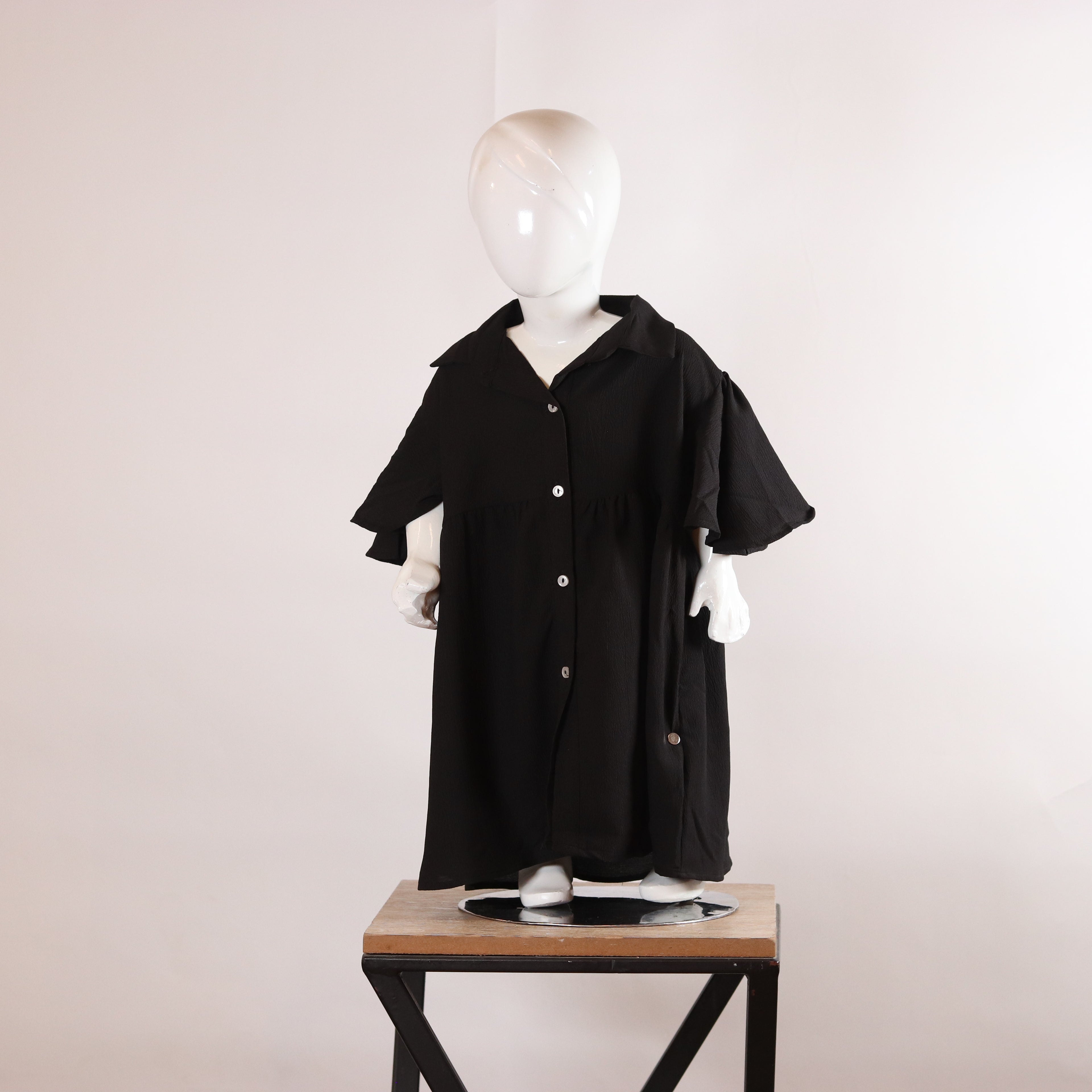 Girls Black Flutter-Sleeve Shirt Dress