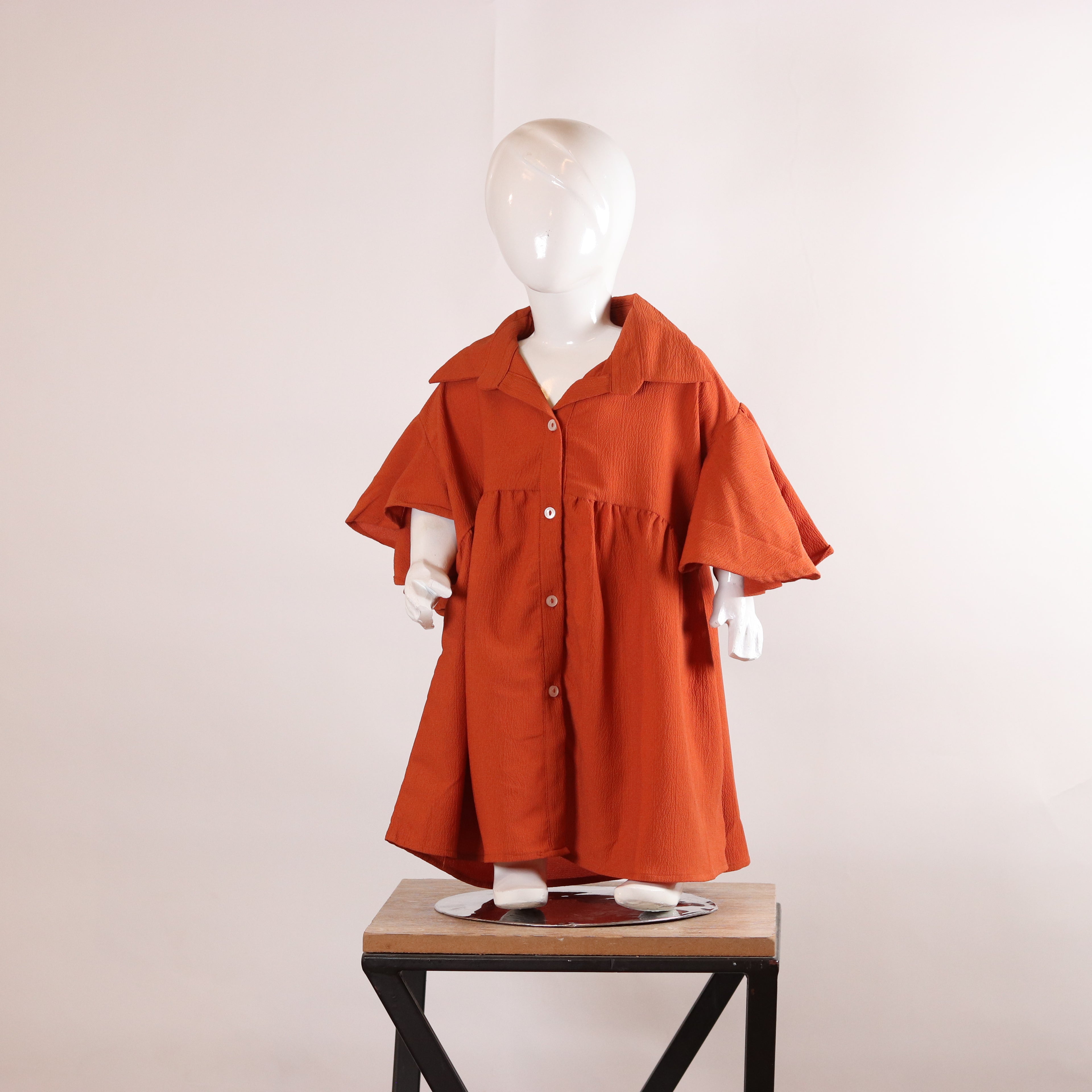 Girls Rust Orange Flutter-Sleeve Shirt Dress