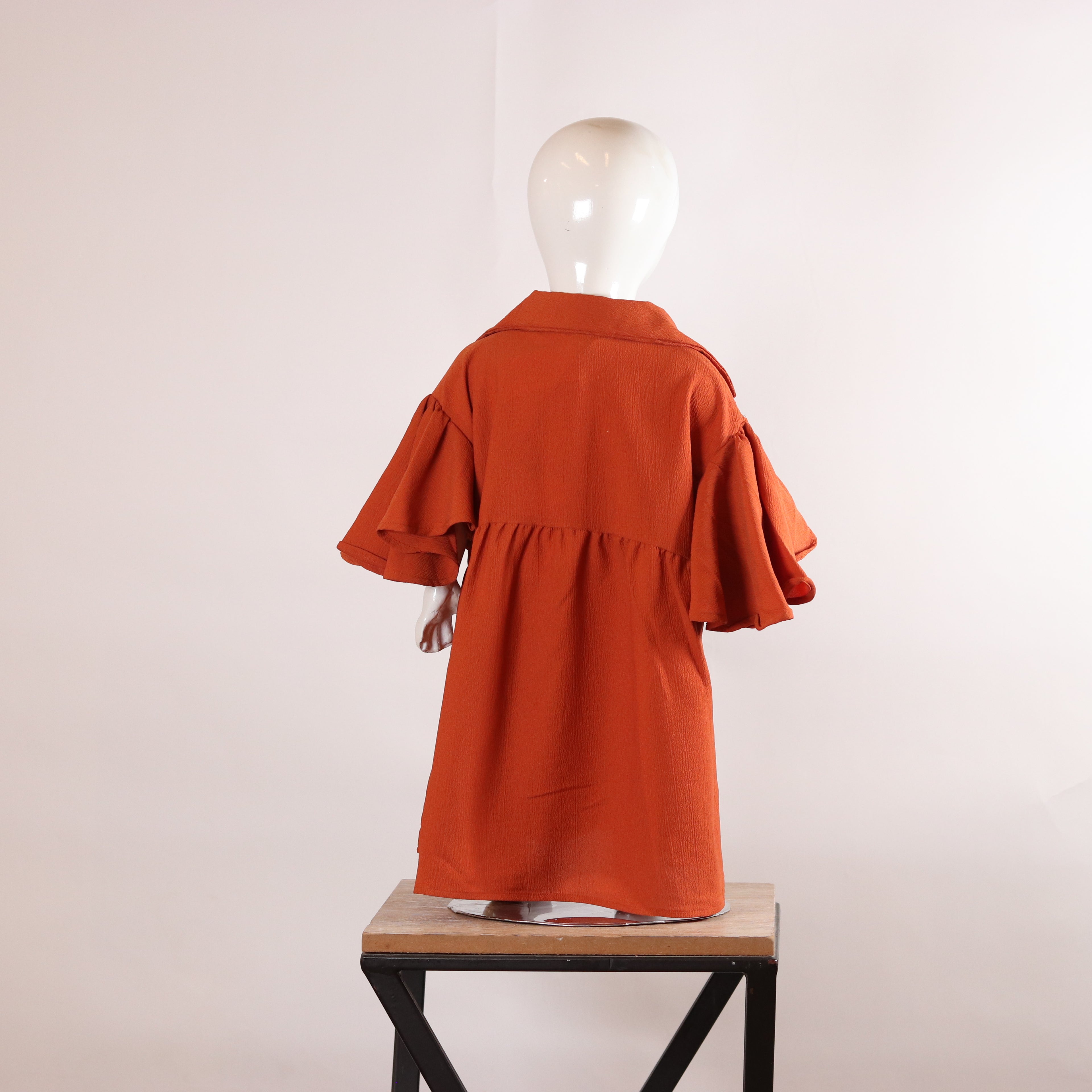 Girls Rust Orange Flutter-Sleeve Shirt Dress