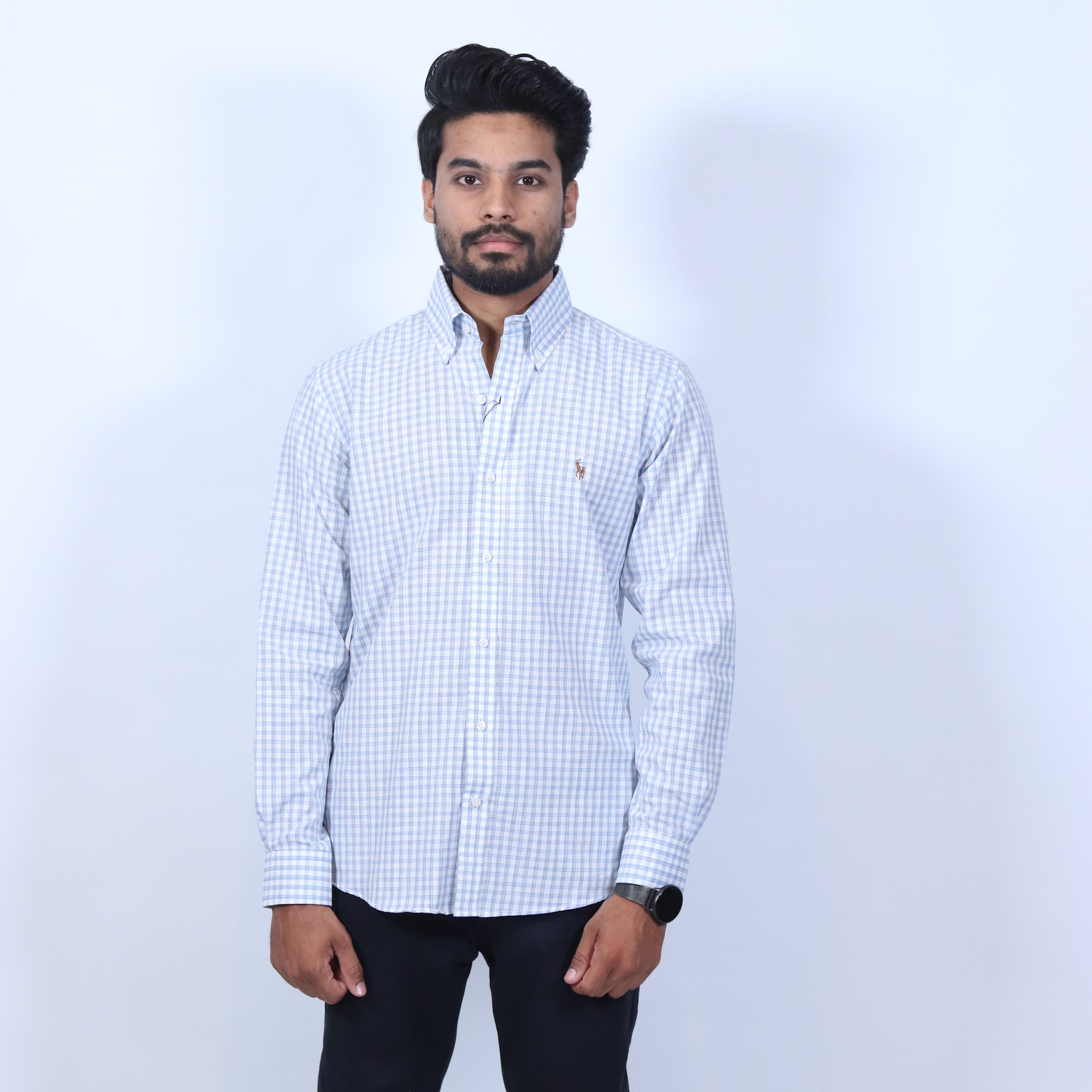 Sky Blue Micro-Check Casual Shirt