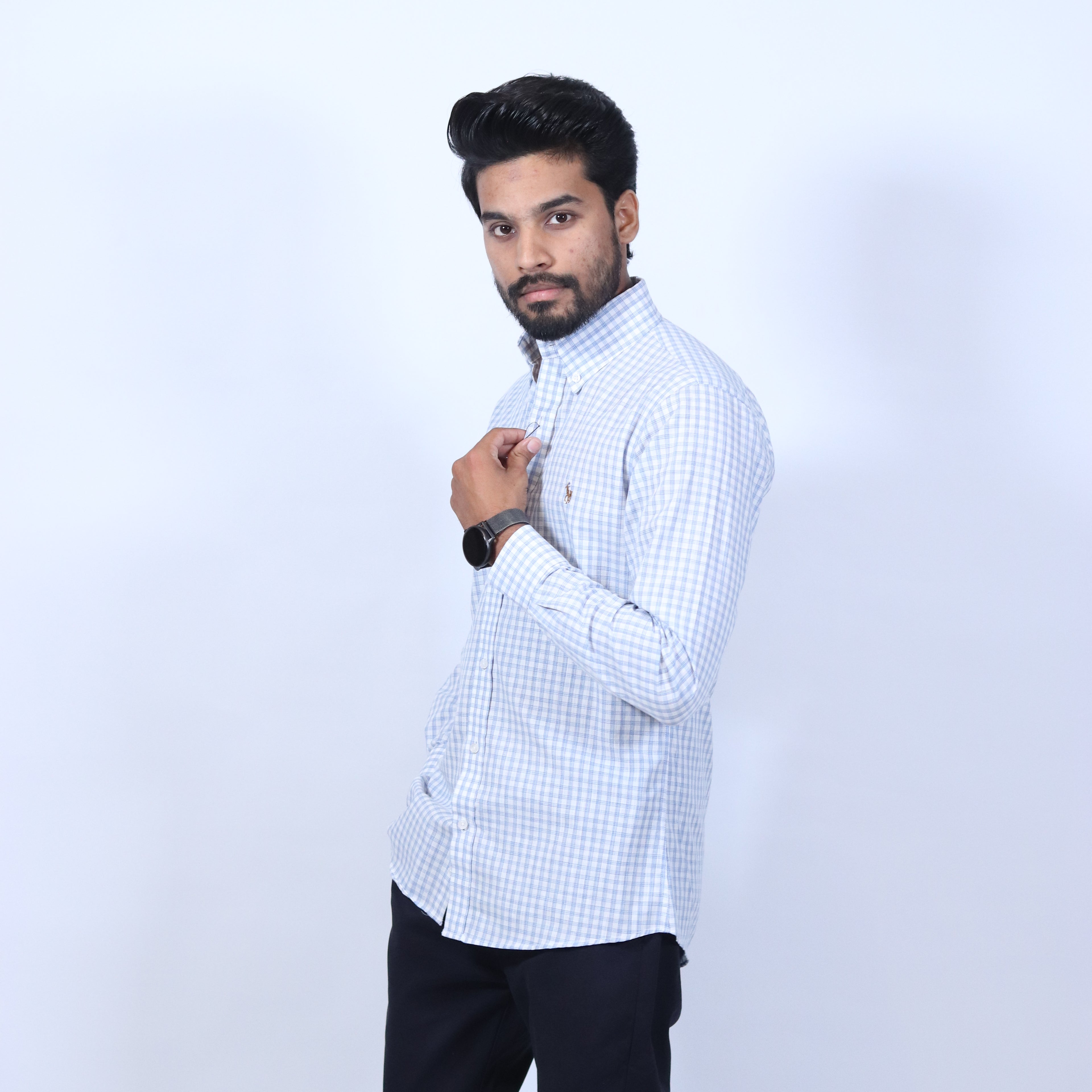 Sky Blue Micro-Check Casual Shirt