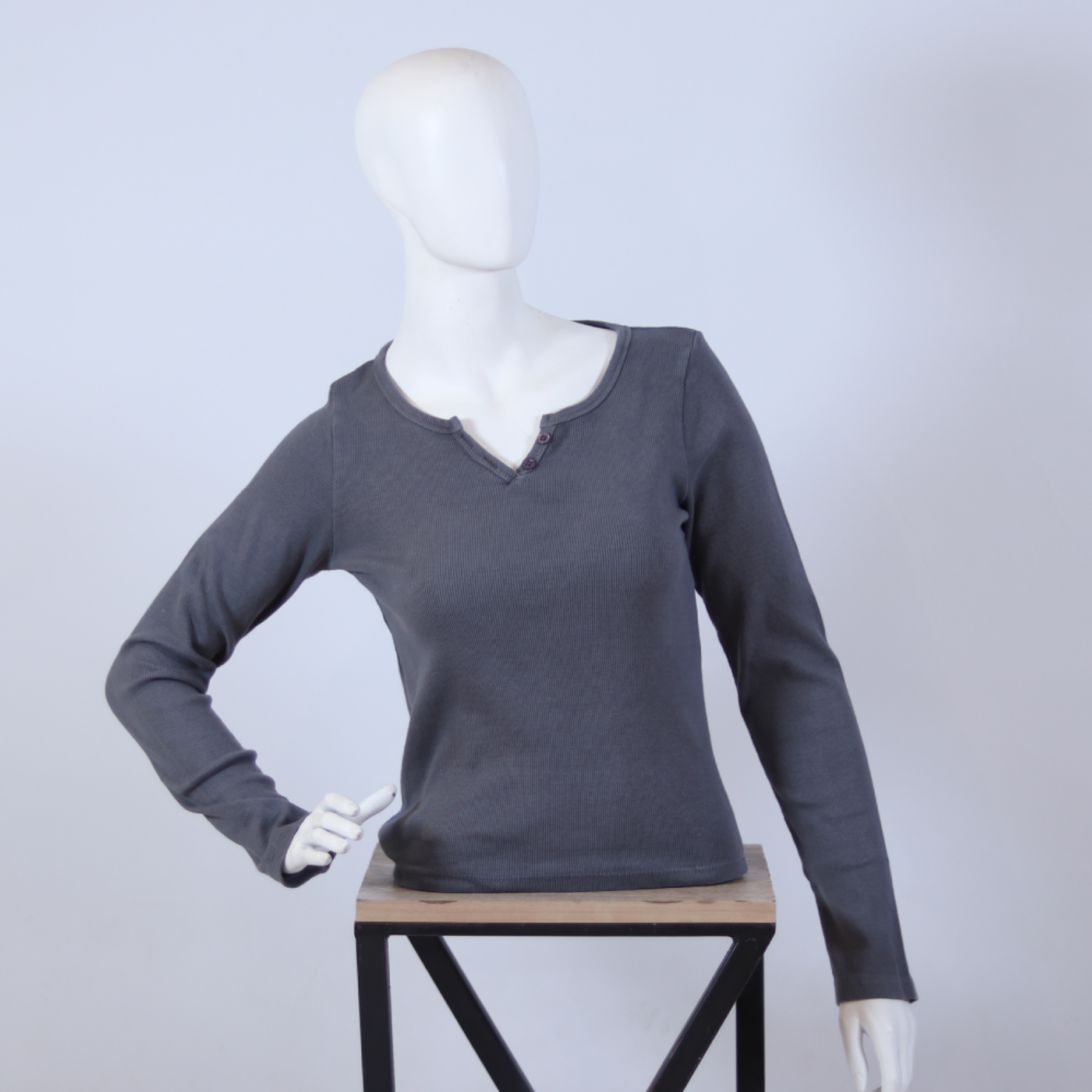 Women's Grey Henley Ribbed Top