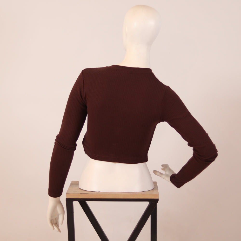 Chic Chocolate Brown Button-Up Ribbed Cardigan Crop Top