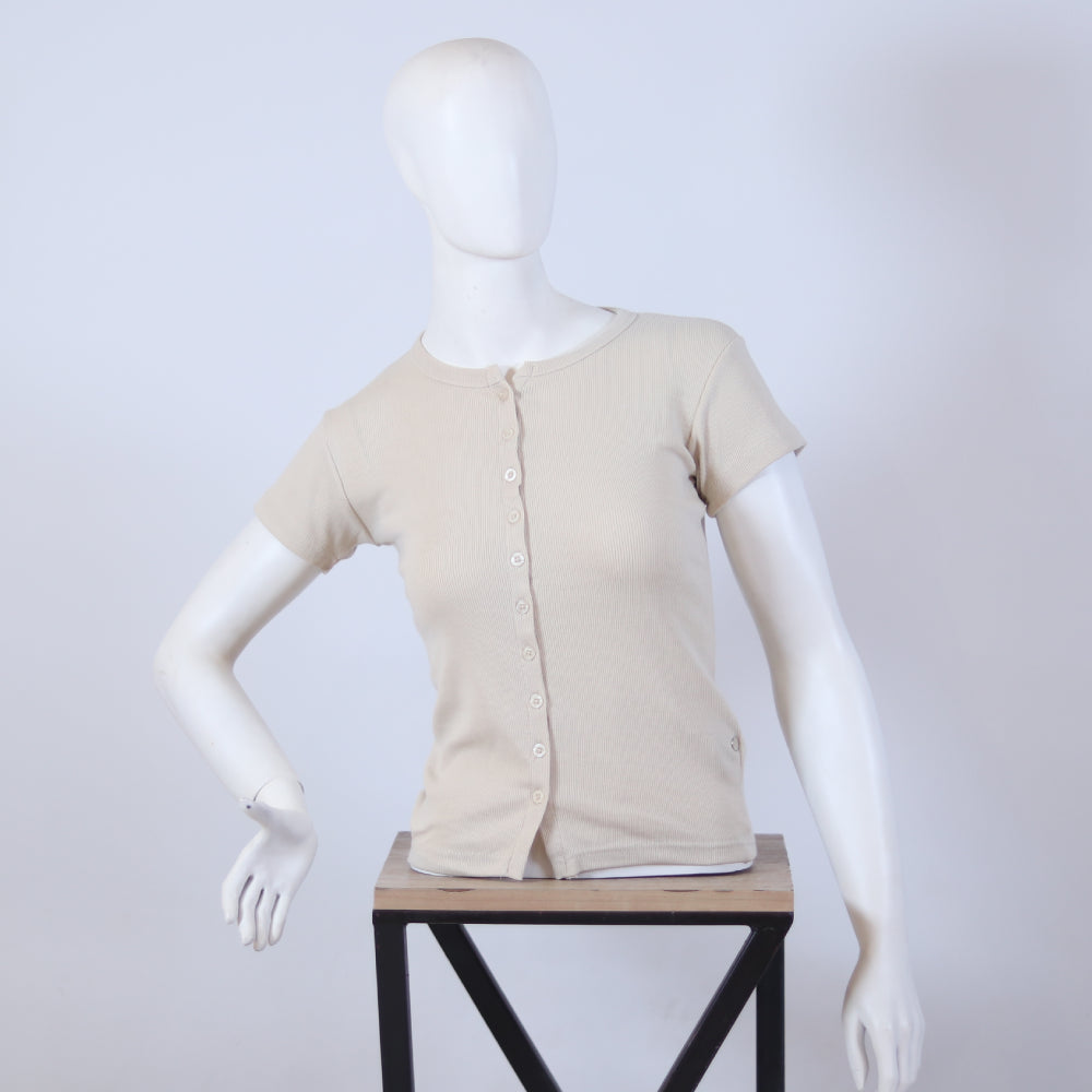 Chic Off-White Button-Front Ribbed Short Sleeve Top