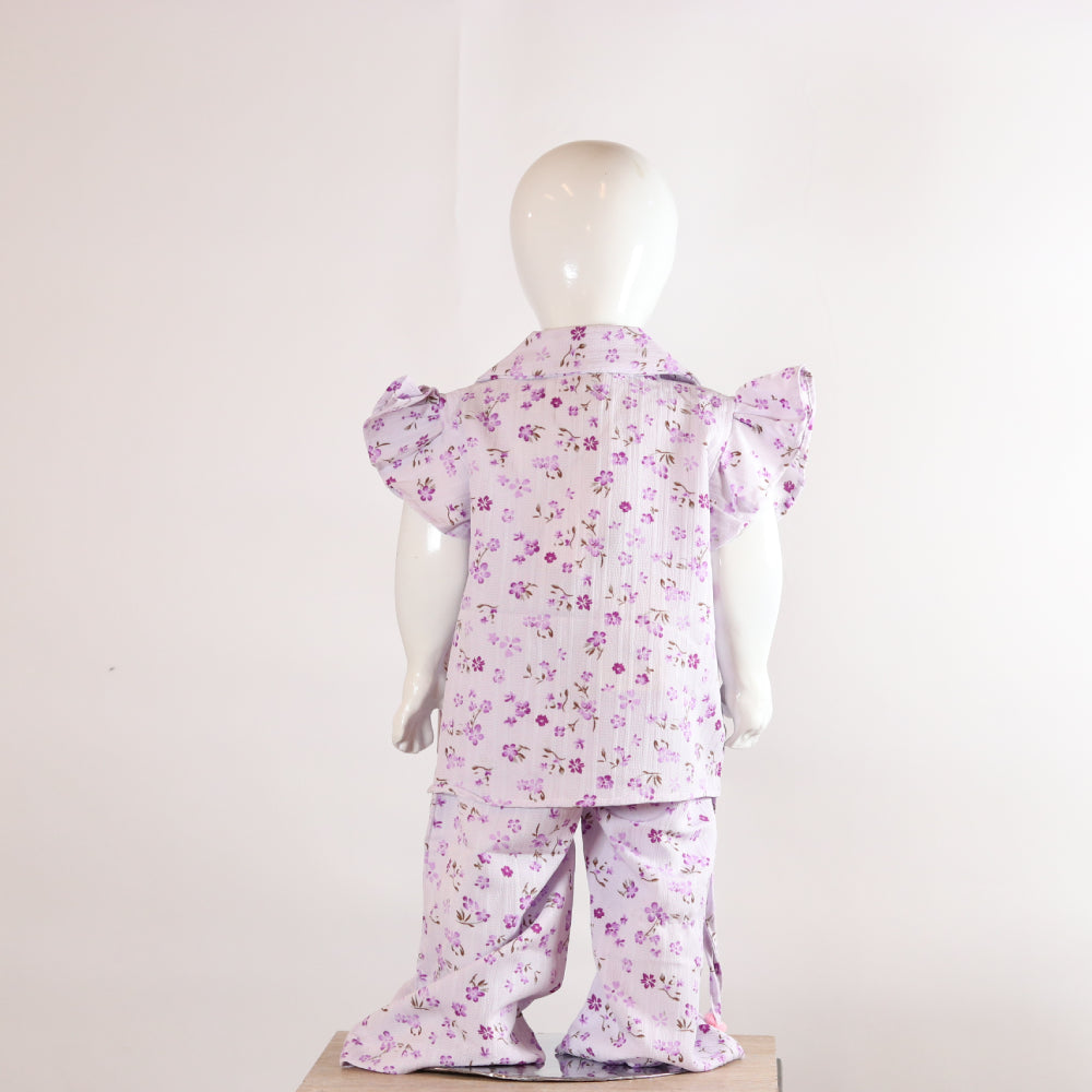 Kids Lavender Floral Print Ruffle Sleeve Button-Down Top & Trouser Co-Ord Set