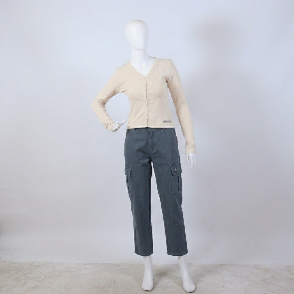 Women's V-Neck Ribbed Cardigan Top – Beige