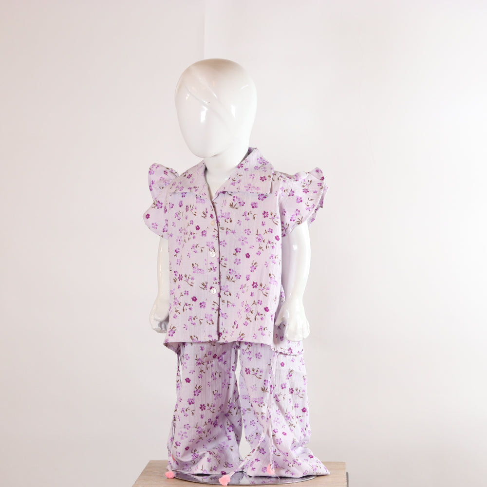 Kids Lavender Floral Print Ruffle Sleeve Button-Down Top & Trouser Co-Ord Set