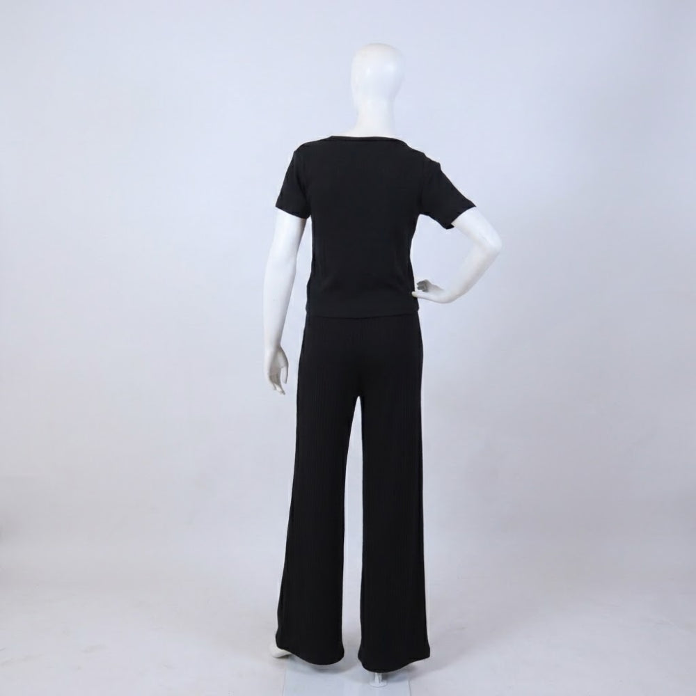 Classic Black Henley Ribbed Short Sleeve Top