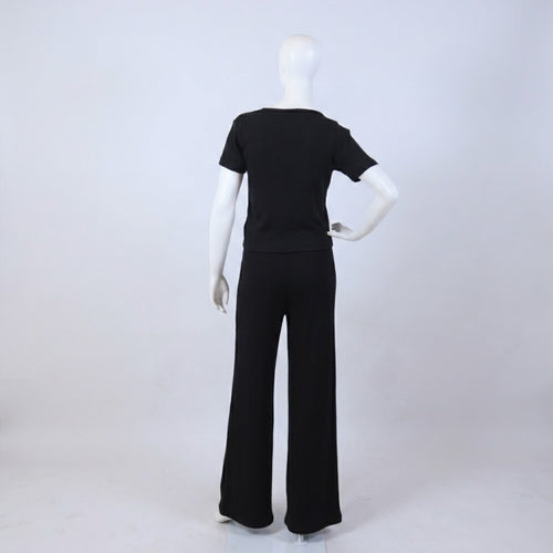 Classic Black Henley Ribbed Short Sleeve Top