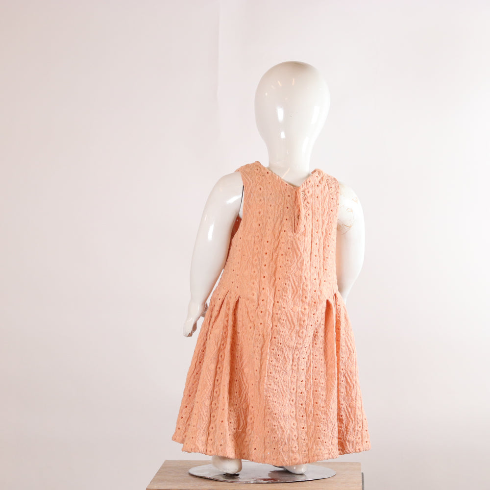 Kids Pastel Peach Eyelet Chikankari Sleeveless Frock Dress with Front Bow