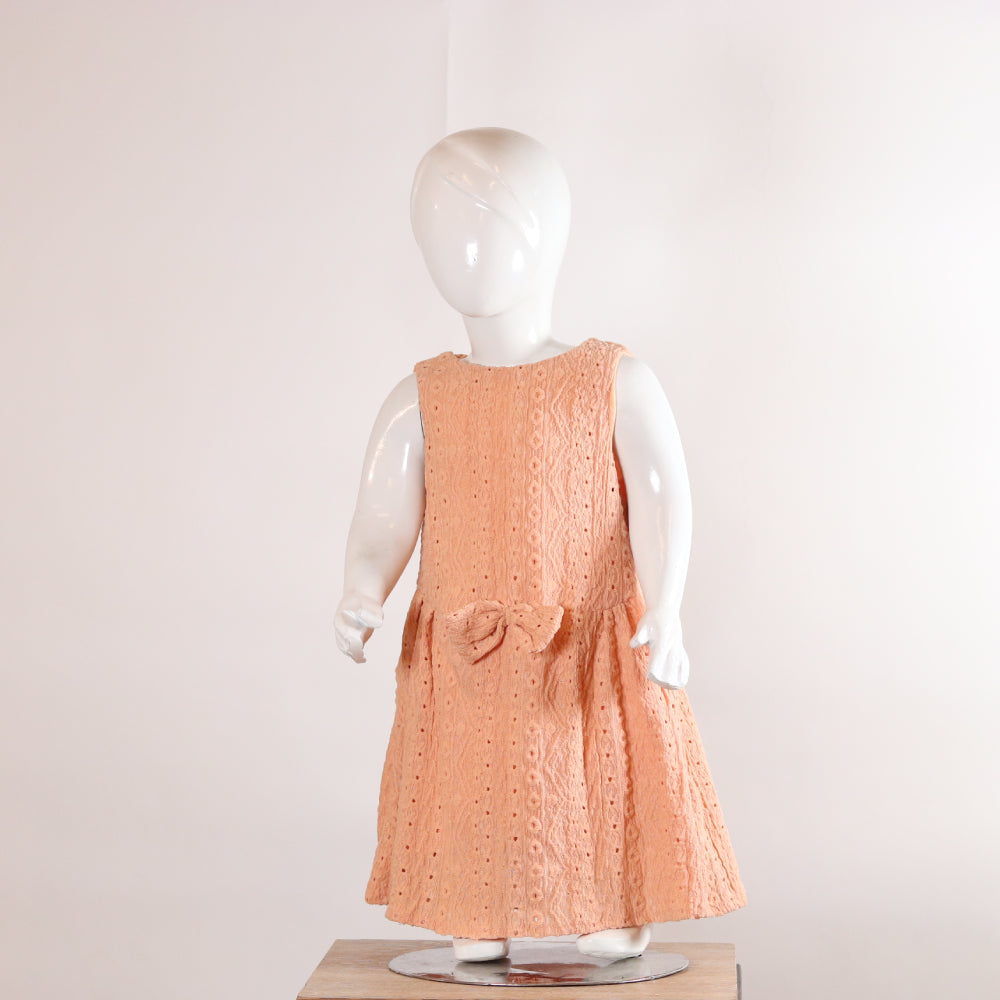 Kids Pastel Peach Eyelet Chikankari Sleeveless Frock Dress with Front Bow