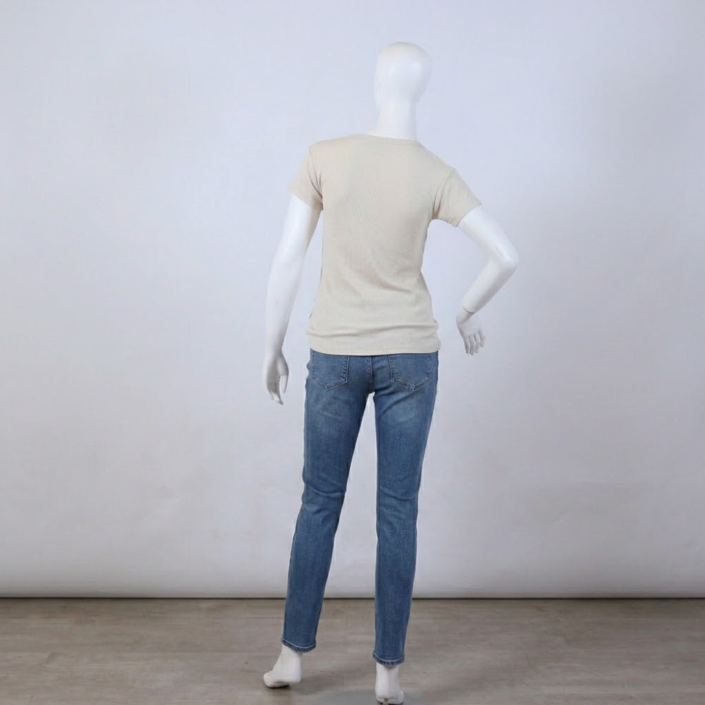 Chic Off-White Button-Front Ribbed Short Sleeve Top
