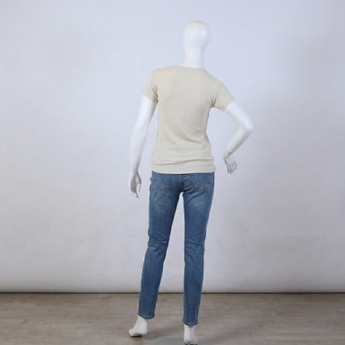 Chic Off-White Button-Front Ribbed Short Sleeve Top
