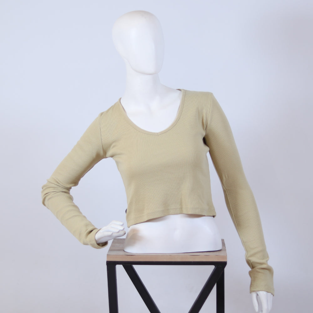 Casual Olive Green Scoop Neck Ribbed Crop Top