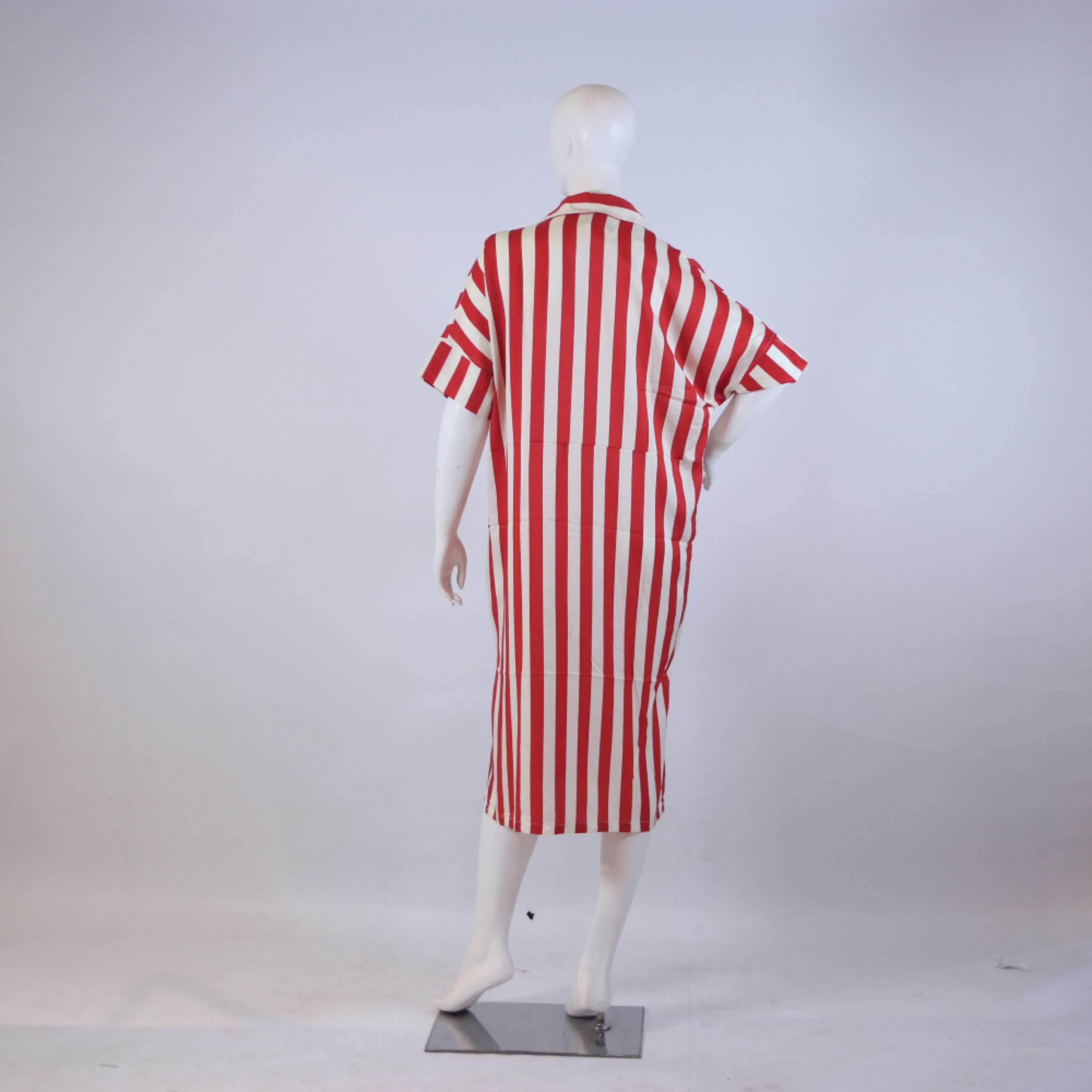Vibrant Red & Cream Striped Court Dress – Loose Fit Casual Midi Shirt-Dress