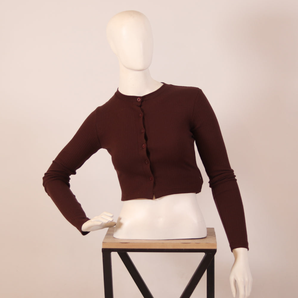 Chic Chocolate Brown Button-Up Ribbed Cardigan Crop Top