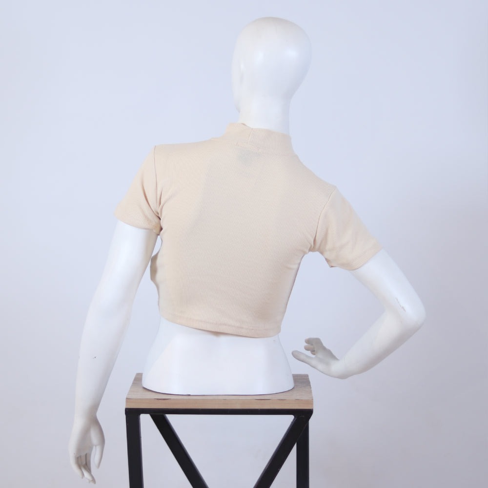 Women's Beige Ribbed Mock Neck Top