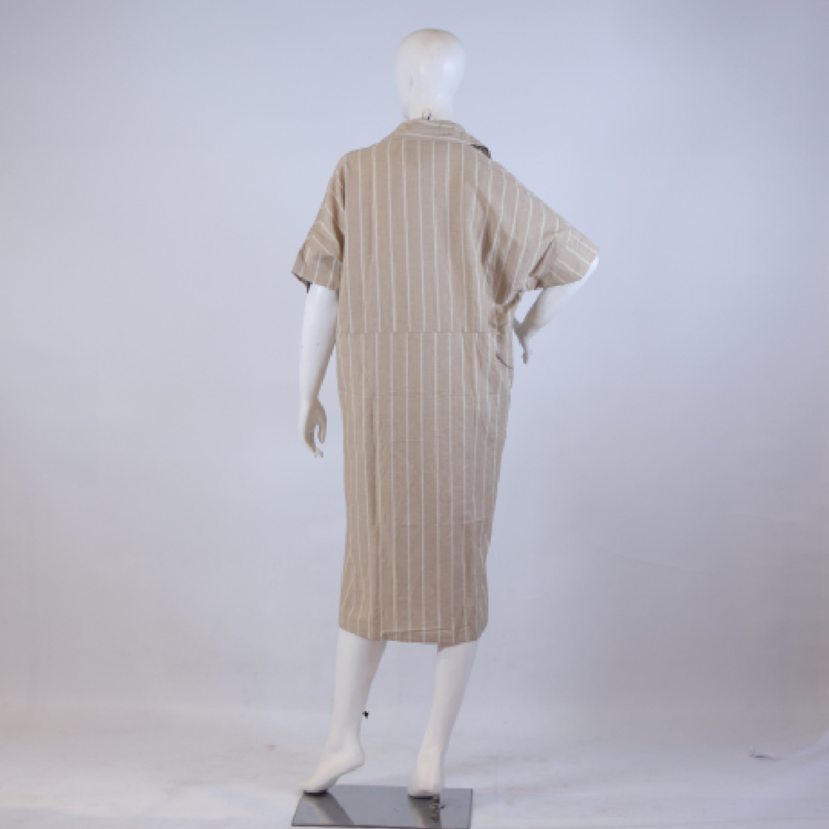 Beige Striped Co-ord Court Dress – Casual Loose Fit Midi