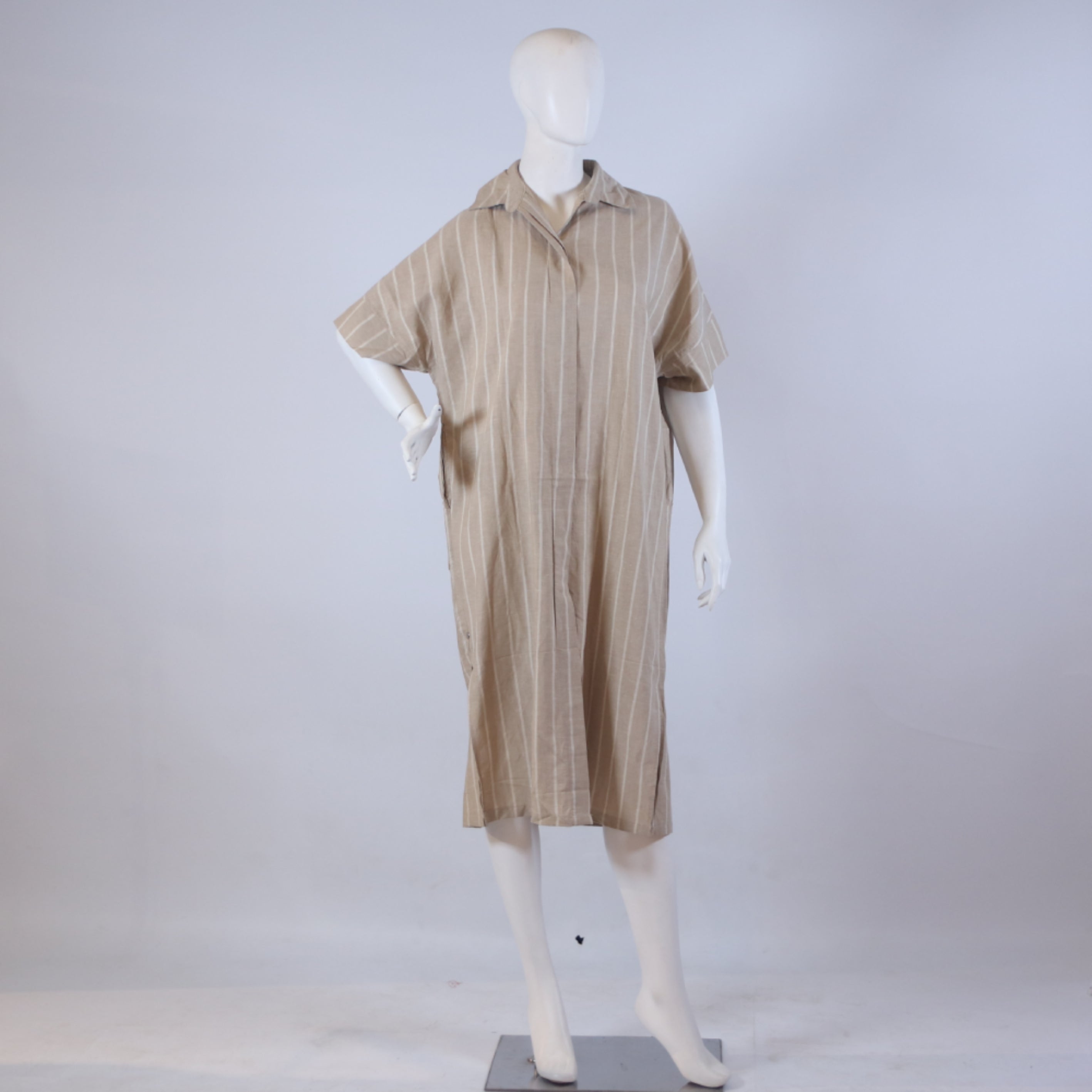 Beige Striped Co-ord Court Dress – Casual Loose Fit Midi